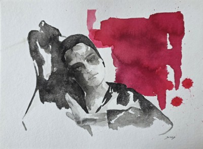 Abstrahiertes Aquarellportrait einer Frau in kontrastreichen und expressiven Farben